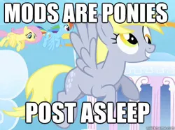 Size: 430x320 | Tagged: safe, derpibooru import, edit, edited screencap, screencap, derpy hooves, fluttershy, rainbow dash, pony, sonic rainboom (episode), caption, cloud, cloudsdale, cropped, derpy being derpy, exploitable meme, female, flying, grin, image macro, mare, meme, mods are asleep, mods are asleep post ponies, peagsus, quickmeme, smiling, spread wings, text, wings