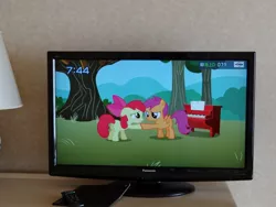 Size: 1600x1200 | Tagged: safe, derpibooru import, screencap, apple bloom, scootaloo, pony, the show stoppers, clock, female, filly, japanese, musical instrument, panasonic, panasonic viera, photo, piano, picture of a screen, television, tomodachi wa mahou, tv tokyo