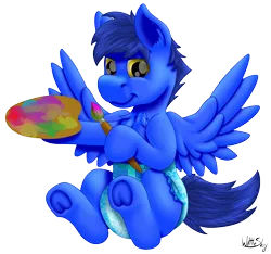Size: 2292x2148 | Tagged: safe, artist:wittleskaj, derpibooru import, oc, oc:skaj, unofficial characters only, pegasus, pony, baby, baby pony, brush, colt, diaper, easel, foal, male, paintbrush, simple background, solo, transparent background