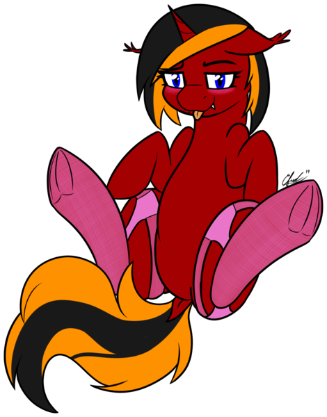 Size: 1435x1833 | Tagged: suggestive, artist:seafooddinner, derpibooru import, oc, oc:red flame, bat pony, pony, unicorn, bat pony oc, bat wings, blushing, clothes, commission, on back, simple background, socks, solo, spread legs, spreading, stockings, thigh highs, transparent background, wings