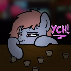 Size: 2100x2100 | Tagged: safe, artist:lannielona, derpibooru import, pony, advertisement, bar, commission, dark, drunk, female, glass, mare, miserable, night, scrunchy face, shot glass, shots, solo, tired, your character here