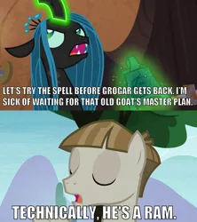 Size: 1160x1304 | Tagged: safe, derpibooru import, edit, edited screencap, screencap, mudbriar, queen chrysalis, changeling, changeling queen, pony, the ending of the end, the maud couple, bell, caption, correction, female, grogar's bell, image macro, impact font, male, meme, stallion, technically, text