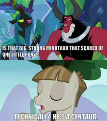 Size: 1264x1428 | Tagged: safe, derpibooru import, edit, edited screencap, screencap, lord tirek, mudbriar, queen chrysalis, centaur, changeling, changeling queen, pony, the ending of the end, the maud couple, caption, correction, female, image macro, impact font, male, meme, stallion, technically, text
