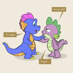 Size: 2500x2500 | Tagged: artist:creativescribbles, confrontation, derpibooru import, dragon, face to face, g3, g4, generational dragondox, holding arm, looking at each other, male, master kenbroath gilspotten heathspike, safe, simple background, spike, spike is not amused, unamused, winged spike