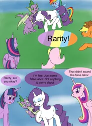 Size: 1000x1368 | Tagged: safe, artist:emilou1985, derpibooru import, applejack, fluttershy, princess cadance, rarity, spike, twilight sparkle, twilight sparkle (alicorn), alicorn, dragon, pony, comic:signs, preggity, pregnant, winged spike