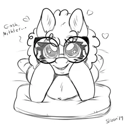 Size: 1000x1000 | Tagged: safe, artist:skoon, derpibooru import, twist, earth pony, pony, black and white, blushing, cute, female, filly, flirting, glasses, grayscale, heart, heart eyes, hoof on cheek, looking at you, monochrome, pillow, prone, sketch, solo, twistabetes, wingding eyes