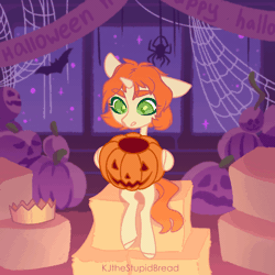 Size: 1024x1024 | Tagged: safe, artist:kjthestupidbread, derpibooru import, oc, oc:etoz, unofficial characters only, pony, spider, unicorn, animated, barn, clothes, commission, creepy, creepy smile, crown, cute, female, gif, halloween, happy halloween, hay, hay bale, holiday, horn, jewelry, mare, pumkin, regalia, scary, scary face, shirt, smiling, solo, spider web, t-shirt