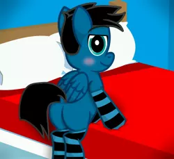 Size: 3600x3300 | Tagged: safe, artist:agkandphotomaker2000, derpibooru import, oc, oc:pony video maker, pegasus, pony, bed, bedroom, bedroom eyes, butt, clothes, male, socks, solo, striped socks