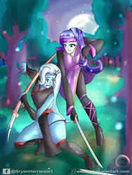 Size: 2121x2828 | Tagged: safe, artist:attentte, derpibooru import, rarity, trixie, equestria girls, clothes, duo, female, forest, full moon, katana, kunoichi, moon, naginata, night, ninja, shuriken, sword, tree, weapon