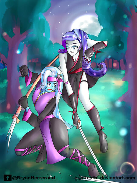 Size: 2121x2828 | Tagged: safe, alternate version, artist:attentte, derpibooru import, rarity, trixie, equestria girls, clothes, duo, female, forest, full moon, katana, kunoichi, moon, naginata, night, ninja, shuriken, sword, tree, weapon