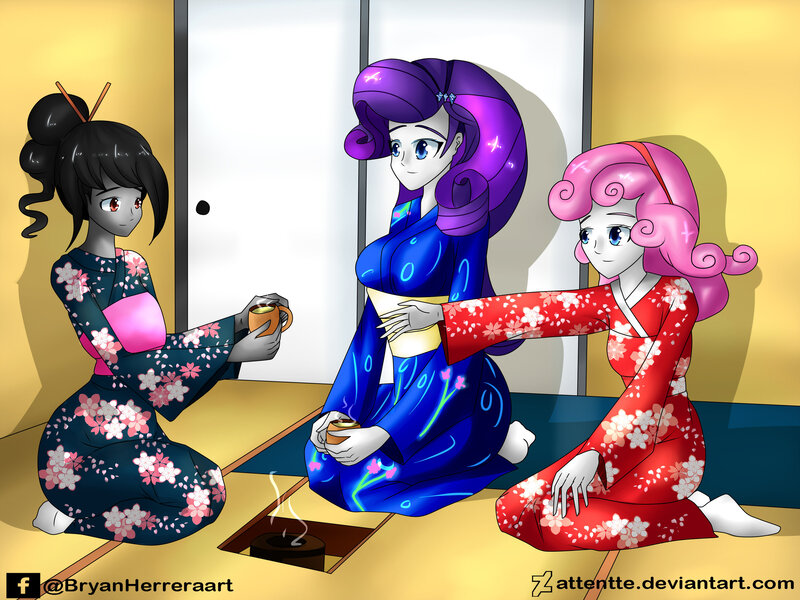 Size: 2828x2121 | Tagged: safe, artist:attentte, derpibooru import, rarity, sweetie belle, oc, oc:ebony darkness, equestria girls, chopsticks in hair, clothes, female, food, kneeling, tea, vaguely asian robe