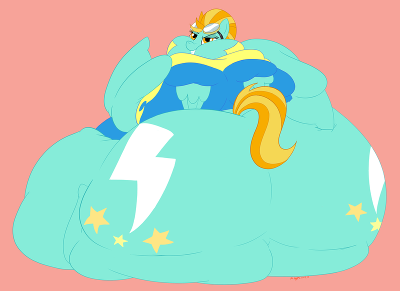 Size: 2640x1920 | Tagged: questionable, artist:necrofeline, derpibooru import, lightning dust, pegasus, pony, belly, big belly, bingo wings, butt, chubby cheeks, clothes, fat, female, goggles, grin, huge belly, huge butt, immobile, impossibly large belly, impossibly large butt, large butt, lightning bulk, looking at you, looking back, looking back at you, mare, morbidly obese, obese, rolls of fat, simple background, smiling, solo, solo female, uniform, wonderbolt trainee uniform