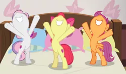 Size: 1302x760 | Tagged: safe, derpibooru import, screencap, apple bloom, scootaloo, sweetie belle, earth pony, pegasus, pony, unicorn, growing up is hard to do, bed, being big is all it takes, bipedal, bow, cropped, cutie mark crusaders, female, filly, hair bow, hooves in air, nose in the air, pillow, smiling, trio