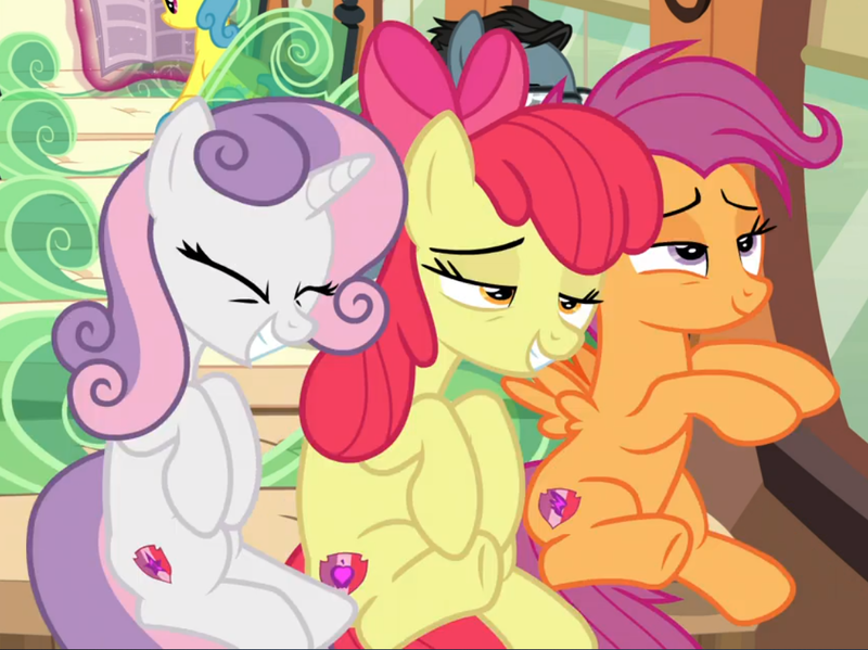 Size: 1100x823 | Tagged: safe, derpibooru import, screencap, apple bloom, down under, lemon hearts, scootaloo, sweetie belle, earth pony, pegasus, pony, unicorn, growing up is hard to do, bow, cropped, cutie mark crusaders, eyes closed, female, friendship express, hair bow, lidded eyes, mare, older, older apple bloom, older cmc, older scootaloo, older sweetie belle, smiling, trio focus