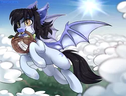 Size: 2600x2000 | Tagged: safe, artist:trickate, derpibooru import, oc, oc:mitzy, unofficial characters only, bat pony, pony, basket, bat pony oc, bat wings, black hair, black mane, black tail, cloud, fangs, female, flying, fruit, happy, high res, mare, signature, sky, solo, spread wings, sun, wings