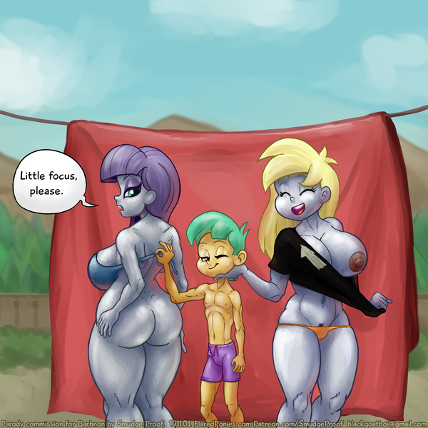 Size: 2000x2000 | Tagged: questionable, artist:smudge proof, derpibooru import, derpy hooves, maud pie, snails, equestria girls, ass, belly button, big breasts, bottomless, boulder buns, bra, breasts, busty derpy hooves, busty maud pie, butt, clothed male nude female, clothes, commission, dialogue, looking back, male, nip slip, nipple slip, nipples, nudity, one eye closed, open mouth, panties, partial nudity, shirt, shorts, size difference, speech bubble, underwear, wardrobe malfunction