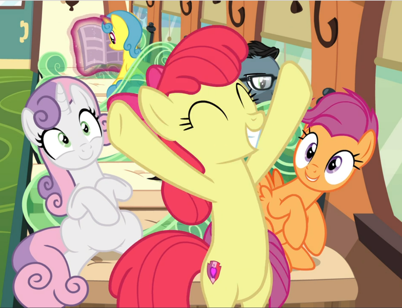 Size: 1229x940 | Tagged: safe, derpibooru import, screencap, apple bloom, down under, lemon hearts, scootaloo, sweetie belle, earth pony, pegasus, pony, unicorn, growing up is hard to do, bipedal, cropped, cutie mark, cutie mark crusaders, eyes closed, female, friendship express, happy, hooves in air, mare, older, older apple bloom, older cmc, older scootaloo, older sweetie belle, sitting, smiling, the cmc's cutie marks, trio focus