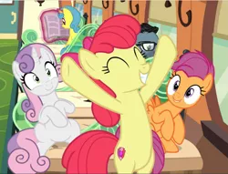 Size: 1229x940 | Tagged: safe, derpibooru import, screencap, apple bloom, down under, lemon hearts, scootaloo, sweetie belle, earth pony, pegasus, pony, unicorn, growing up is hard to do, bipedal, cropped, cutie mark, cutie mark crusaders, eyes closed, female, friendship express, happy, hooves in air, mare, older, older apple bloom, older cmc, older scootaloo, older sweetie belle, sitting, smiling, the cmc's cutie marks, trio focus