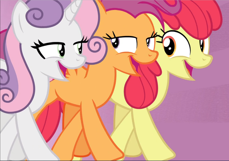 Size: 1339x940 | Tagged: safe, derpibooru import, screencap, apple bloom, scootaloo, sweetie belle, earth pony, pegasus, pony, unicorn, growing up is hard to do, being big is all it takes, cropped, cutie mark crusaders, female, lidded eyes, looking at each other, mare, older, older apple bloom, older cmc, older scootaloo, older sweetie belle, open mouth, trio, trotting