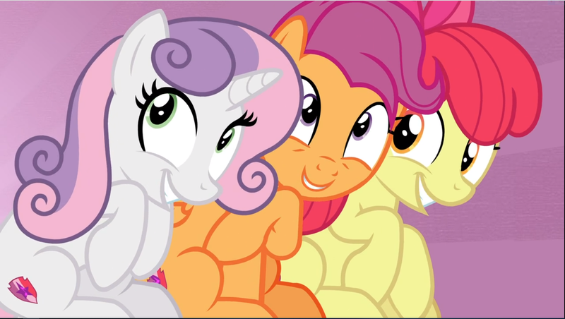 Size: 1668x942 | Tagged: safe, derpibooru import, screencap, apple bloom, scootaloo, sweetie belle, earth pony, pegasus, pony, unicorn, growing up is hard to do, adorabloom, being big is all it takes, cropped, cute, cutealoo, cutie mark, cutie mark crusaders, diasweetes, excited, female, mare, older, older apple bloom, older cmc, older scootaloo, older sweetie belle, sitting, smiling, the cmc's cutie marks, trio