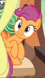 Size: 413x710 | Tagged: safe, derpibooru import, screencap, apple bloom, scootaloo, earth pony, pegasus, pony, growing up is hard to do, cropped, cute, cutealoo, female, friendship express, happy, mare, offscreen character, older, older scootaloo, sitting, solo focus
