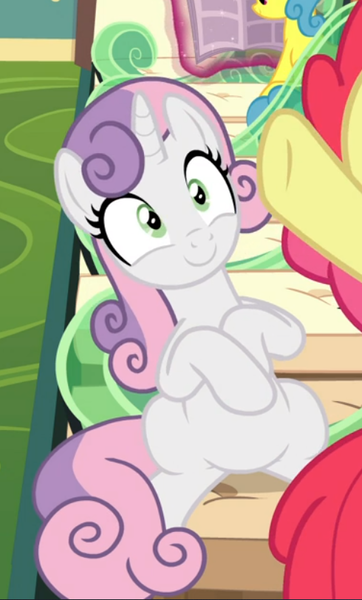 Size: 490x812 | Tagged: safe, derpibooru import, screencap, apple bloom, sweetie belle, earth pony, pony, unicorn, growing up is hard to do, cropped, female, friendship express, mare, offscreen character, older, older sweetie belle, sitting, smiling, solo focus