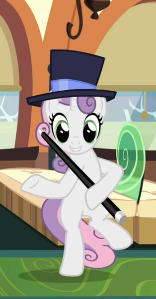 Size: 441x844 | Tagged: safe, derpibooru import, screencap, sweetie belle, pony, unicorn, growing up is hard to do, being big is all it takes, bipedal, cane, cropped, cute, dancing, diasweetes, female, hat, holding, mare, older, older sweetie belle, raised hoof, smiling, solo, top hat, train, underhoof