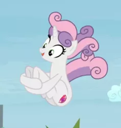 Size: 454x478 | Tagged: safe, derpibooru import, screencap, sweetie belle, pony, unicorn, growing up is hard to do, being big is all it takes, cannonball, cropped, cute, diasweetes, falling, older, older sweetie belle, smiling, solo