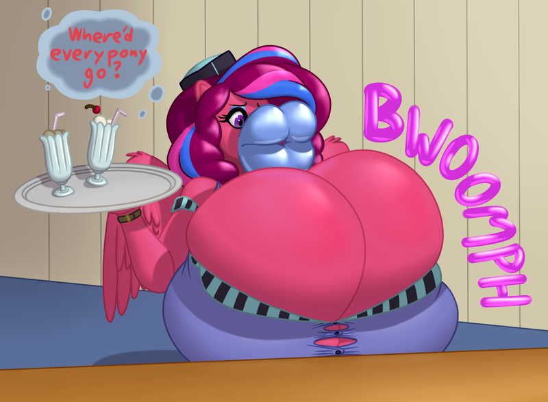 Size: 1500x1100 | Tagged: anthro, artist:mr.pink, artist:nonuberis, big breasts, bimbo, blue lipstick, breast expansion, breasts, derpibooru import, female, growth, hips, huge breasts, hyper, impossibly large breasts, impossibly large lips, lips, lipstick, milkshake, oc, oc:fat tits, questionable, solo, solo female, text, thought bubble, unguligrade anthro, unofficial characters only, waitress