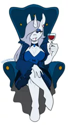Size: 565x1042 | Tagged: safe, artist:redxbacon, derpibooru import, oc, oc:platinum decree, anthro, pony, unguligrade anthro, unicorn, vampire, alcohol, breasts, chair, cleavage, clothes, costume, elegant, fangs, female, gothic, halloween, halloween costume, holiday, mare, monster mare, nightmare night, solo, wine