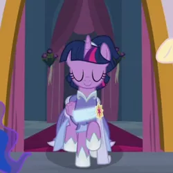 Size: 700x700 | Tagged: safe, derpibooru import, screencap, princess celestia, princess luna, twilight sparkle, twilight sparkle (alicorn), alicorn, pony, the last problem, clothes, coronation dress, cropped, dress, female, mare, offscreen character, second coronation dress, solo focus