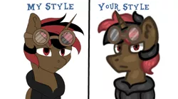 Size: 1262x704 | Tagged: safe, artist:blankfandoms, artist:hunterthewastelander, derpibooru import, oc, unofficial characters only, pony, unicorn, clothes, goggles, hoodie, horn, male, solo, stallion, unicorn oc