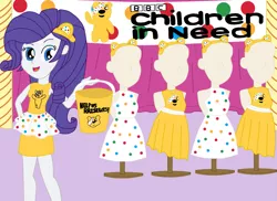 Size: 2337x1700 | Tagged: safe, artist:equestriaguy637, derpibooru import, rarity, equestria girls, equestria girls series, banner, bbc, bbc children in need, bear ears, bucket, charity, clothes, curtains, cute, dress, fashion, fashion show, legs, looking at you, mannequin, miniskirt, pole, pose, pudsey bear, shirt, skirt