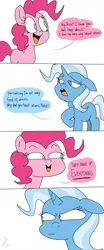 Size: 1000x2414 | Tagged: safe, artist:emositecc, derpibooru import, pinkie pie, trixie, earth pony, pony, unicorn, angry, comic, female, floppy ears, joke, mare, missing cutie mark, no pupils, open mouth, pun, shit eating grin, speech bubble, that pony sure does hate wheels, trixie is not amused, unamused