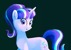 Size: 1165x824 | Tagged: safe, artist:nightmare fuel, derpibooru import, starlight glimmer, pony, unicorn, equalized mane, female, green background, looking at you, mare, ponytail, s5 starlight, simple background, smiling, solo