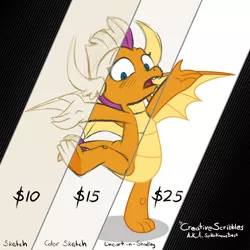 Size: 2500x2500 | Tagged: advertisement, artist:creativescribbles, colored sketch, commission info, derpibooru import, dragon, female, lineart, looking at you, open mouth, raised leg, safe, sample, shading, sketch, smolder, solo