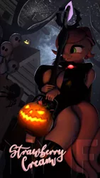 Size: 1080x1920 | Tagged: 3d, anthro, artist:needsmorefuta, art pack:spook-tober-fest, big breasts, boots, breasts, clothes, costume, derpibooru import, embarrassed, fake fangs, fangs, female, gloves, halloween, holiday, moon, oc, oc:strawberry cream, pumpkin, pumpkin bucket, shoes, solo, solo female, source filmmaker, staff, suggestive, text, trick or treat, unofficial characters only