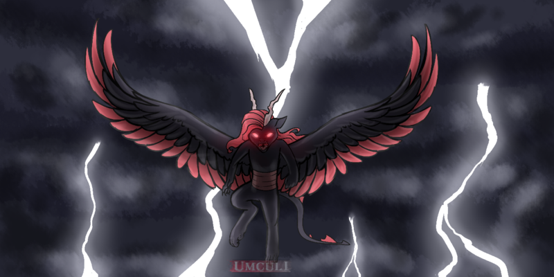 Size: 800x400 | Tagged: safe, artist:umculi, derpibooru import, oc, oc:king phoenix embers, unofficial characters only, changeling, dracony, dragon, hybrid, pony, commission, epic scene, lightning, male, red changeling, solo, storm, ych result