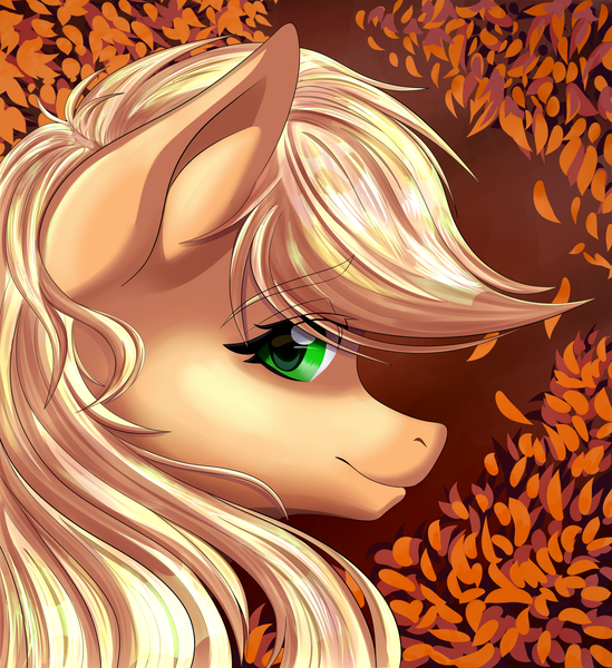 Size: 1920x2100 | Tagged: safe, artist:ellynet, derpibooru import, applejack, pony, autumn, bust, digital art, eye clipping through hair, eyebrows visible through hair, female, portrait, profile, solo