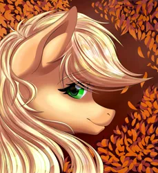 Size: 1920x2100 | Tagged: safe, artist:ellynet, derpibooru import, applejack, pony, autumn, bust, digital art, eye clipping through hair, eyebrows visible through hair, female, portrait, profile, solo