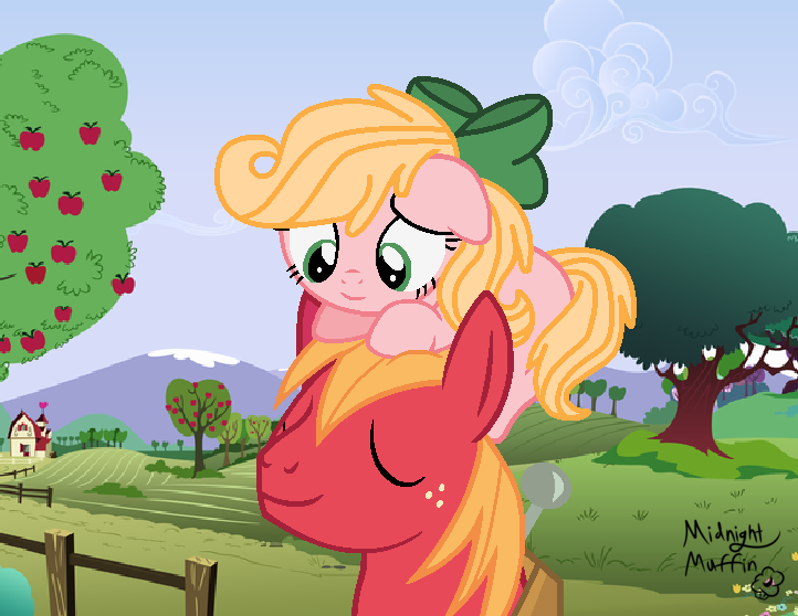 Size: 722x558 | Tagged: safe, artist:shiibases, artist:timeimpact, artist:xxmidnightmuffinxx, derpibooru import, big macintosh, oc, oc:amber, earth pony, pony, apple, apple tree, background used, base used, cloud, duo, father and child, father and daughter, female, fence, field, filly, food, freckles, house, male, offspring, outdoors, parent:big macintosh, parent:fluttershy, parents:fluttermac, pony hat, signature, stallion, tree
