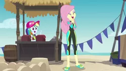 Size: 1000x563 | Tagged: safe, derpibooru import, screencap, fluttershy, rainbow dash, equestria girls, equestria girls series, too hot to handle, clothes, swimsuit, wetsuit