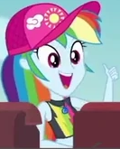 Size: 133x165 | Tagged: safe, derpibooru import, screencap, rainbow dash, equestria girls, equestria girls series, too hot to handle, bikini, bikini top, cap, clothes, cropped, geode of super speed, hat, magical geodes, shed, smiling, swimsuit, thumbs up