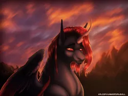 Size: 2500x1869 | Tagged: safe, artist:universalevil, derpibooru import, oc, oc:king phoenix embers, unofficial characters only, changeling, dracony, dragon, hybrid, pony, bust, commission, male, portrait, red changeling, solo, sunset, ych result