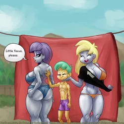 Size: 2000x2000 | Tagged: suggestive, alternate version, artist:smudge proof, derpibooru import, derpy hooves, maud pie, snails, equestria girls, ass, big breasts, bikini, boulder buns, breasts, busty derpy hooves, busty maud pie, butt, clothes, high res, legs, male, size difference, swimsuit, thighs, undressing, unhook bra