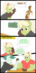 Size: 3168x6376 | Tagged: safe, artist:matchstickman, derpibooru import, grand pear, granny smith, oc, unnamed oc, anthro, earth pony, pegasus, comic:free cider, arm wrestling, biceps, breasts, busty granny smith, cider, clothes, comic, deltoids, dialogue, female, flashback, gloves, granny smash, gritted teeth, male, mare, muscles, scoreboard, shirt, simple background, speech bubble, stallion, sweat, trio, white background, younger, young grand pear, young granny smith