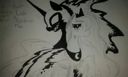 Size: 2868x1744 | Tagged: safe, artist:scottishlunaripoff, derpibooru import, nightmare moon, princess luna, alicorn, pony, female, mare, monochrome, pencil drawing, raised hoof, shadow, simple background, traditional art