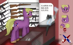 Size: 1465x900 | Tagged: safe, artist:99999999000, derpibooru import, oc, oc:wilson cotes, unofficial characters only, pony, ak-47, ar15, assault rifle, chinese text, counter, gun, mp5, reference sheet, rifle, shotgun, solo, steyr aug, weapon