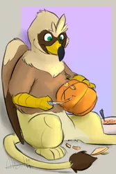 Size: 1200x1800 | Tagged: safe, artist:scruffasus, derpibooru import, oc, oc:serilde, unofficial characters only, gryphon, carving, female, halloween, holiday, pumpkin, pumpkin carving, solo, talons