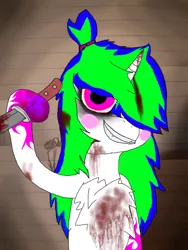 Size: 375x499 | Tagged: grimdark, artist:greenwintersky, derpibooru import, pony, unicorn, blood, blushing, chara, covered in blood, creepy, creepy smile, female, fluffy, furr breeze rp, knife, mare, pony tails, smiling